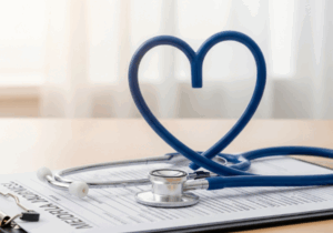 stethoscope on paperwork in the shape of a heart